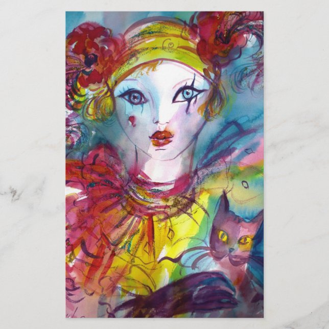 PIERROT WITH CAT / Mardi Gras Masquerade Party Stationery (Front)