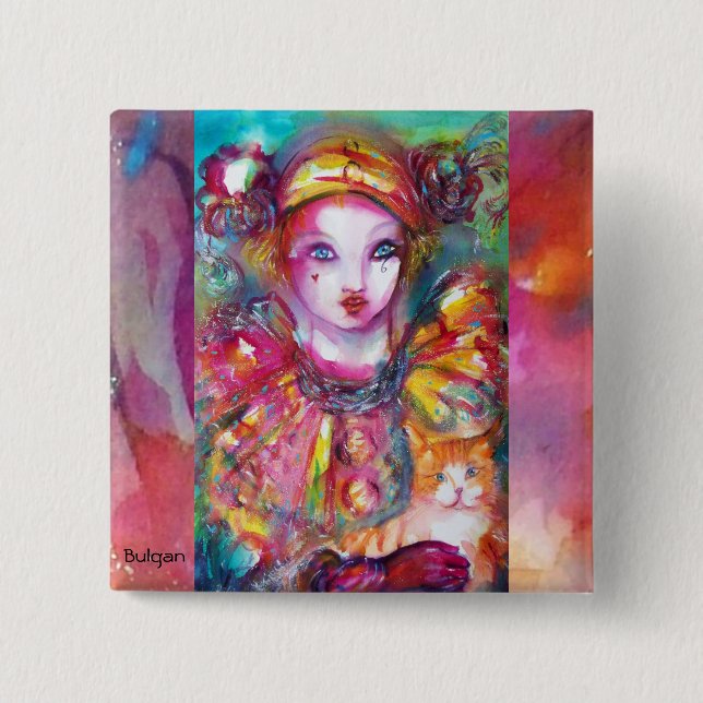 PIERROT WITH CAT / Venetian Masquerade Masks 2 Inch Square Button (Front)