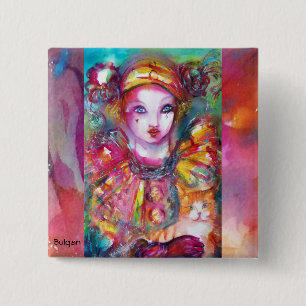 PIERROT WITH CAT / Venetian Masquerade Masks 2 Inch Square Button