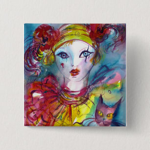 PIERROT WITH CAT / Venetian Masquerade Masks 2 Inch Square Button