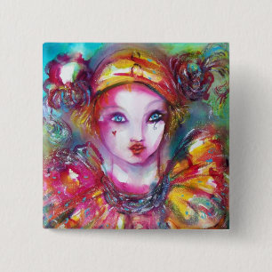 PIERROT WITH CAT / Venetian Masquerade Masks 2 Inch Square Button