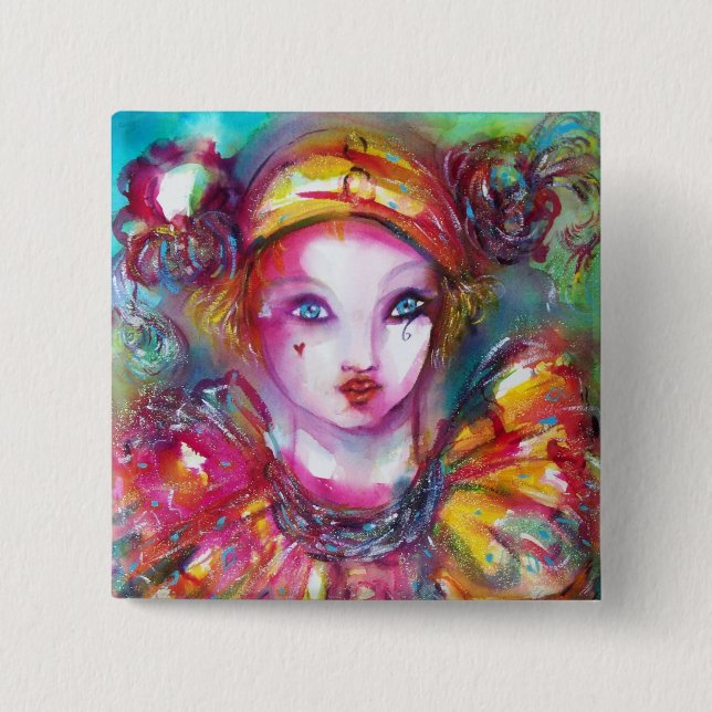 PIERROT WITH CAT / Venetian Masquerade Masks 2 Inch Square Button (Front)