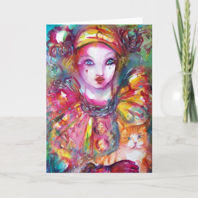 Pierrot with Cat  / Venetian Masquerade Masks Card (Front)