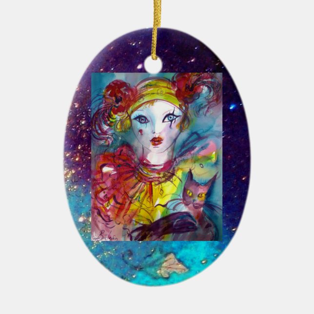PIERROT WITH CAT / Venetian Masquerade Masks Ceramic Ornament (Front)
