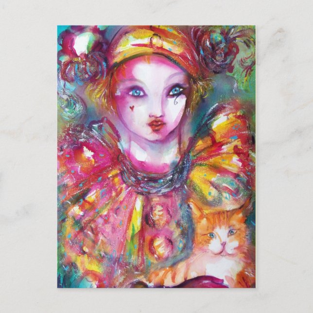 Pierrot with Cat / Venetian Masquerade Masks Postcard (Front)
