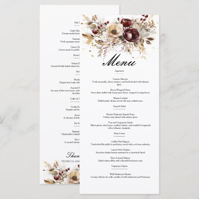 Pies bordeaux menu mariage recto double (Devant / Derrière)