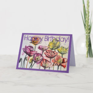 Pies roses Aquarelle et encre Carte d'anniversaire