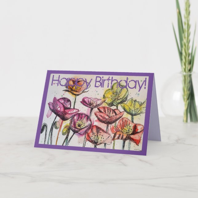 Pies roses Aquarelle et encre Carte d'anniversaire (Devant)