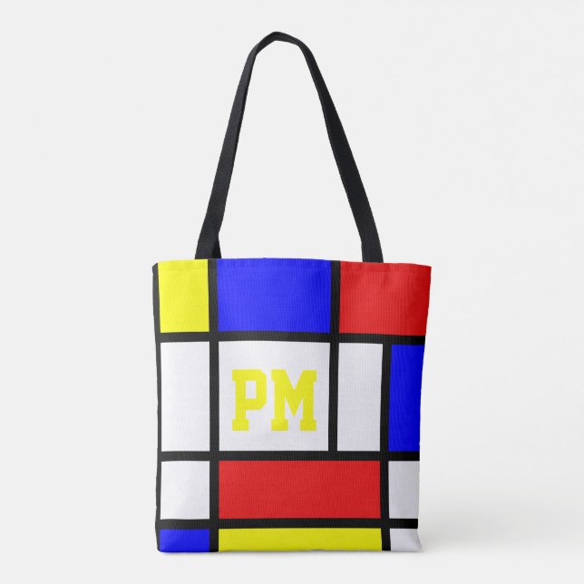 Piet Mondrian Art Style Modern Bright Initials Tote Bag (Back)