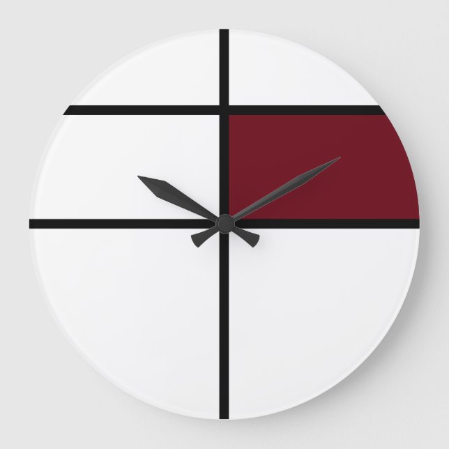 Piet Mondrian style design: maroon Large Clock (Front)