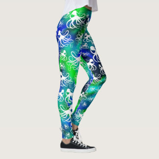 Pieuvre Blanche Sur Vert Bleu - Leggings