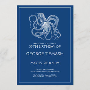 Pieuvre bleu marine fête d'anniversaire Invitation