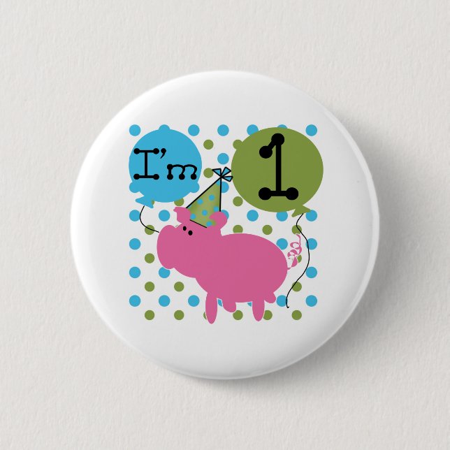 Pig 1st Birthday 2 Inch Round Button (Front)