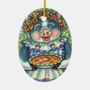PIG & ACORN PIE, THANKSGIVING MADE WITH LOVE CERAMIC ORNAMENT
