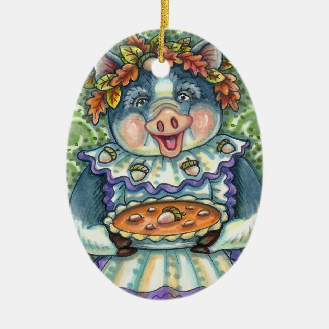 PIG & ACORN PIE, THANKSGIVING MADE WITH LOVE CERAMIC ORNAMENT (Front)