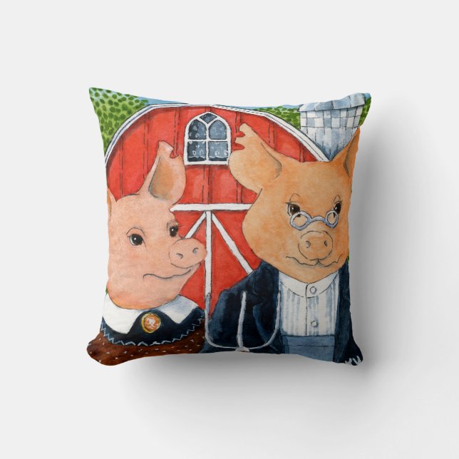 Pig American Gothic spoof watercolor art painting Throw Pillow (Front)