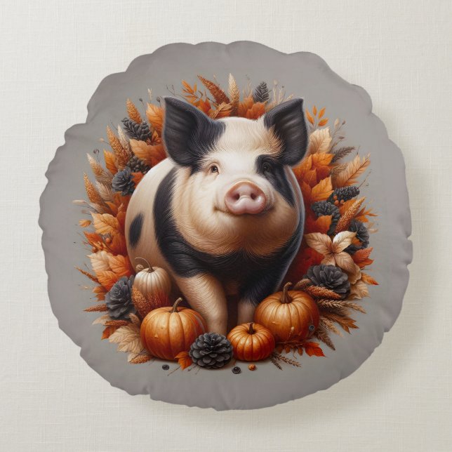 Pig and Autumn Foliage  Round Pillow (Front)