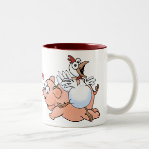 Pig and chicken jumping with joy! Two-Tone coffee mug