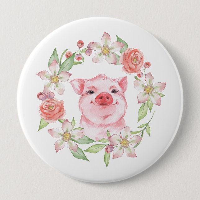 Pig and flowers 4 inch round button (Front)