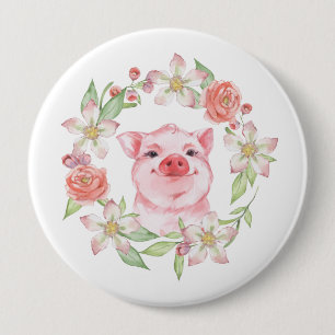 Pig and flowers 4 inch round button
