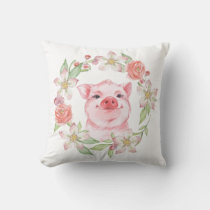 Pig and flowers throw pillow