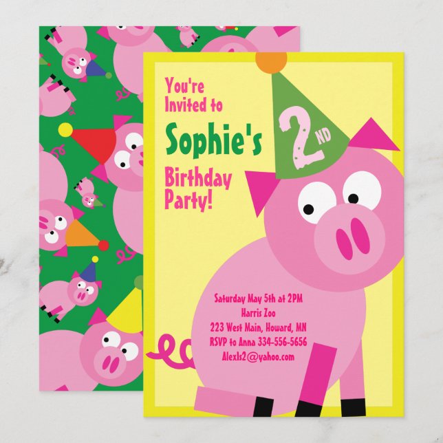 Pig Animal Kid's Birthday Party Invitations (Front/Back)