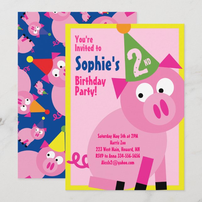 Pig Animal Kid's Birthday Party Invitations (Front/Back)