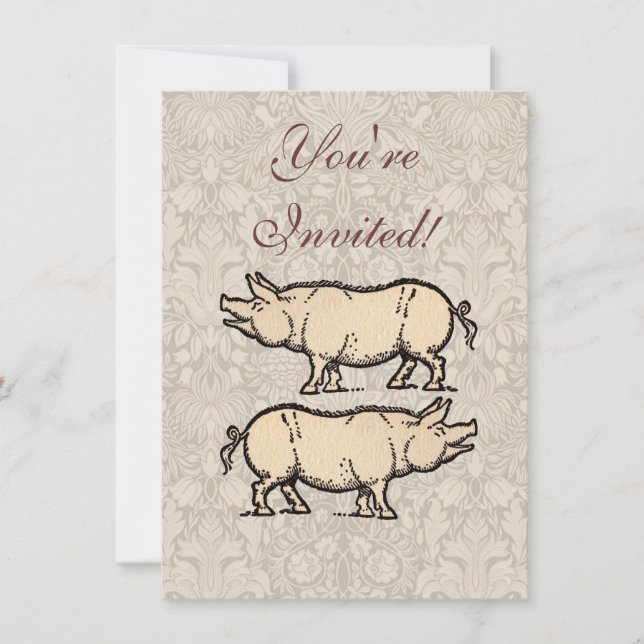 Pig Antique Piggy Cute Vintage Illustration Invitation (Front)