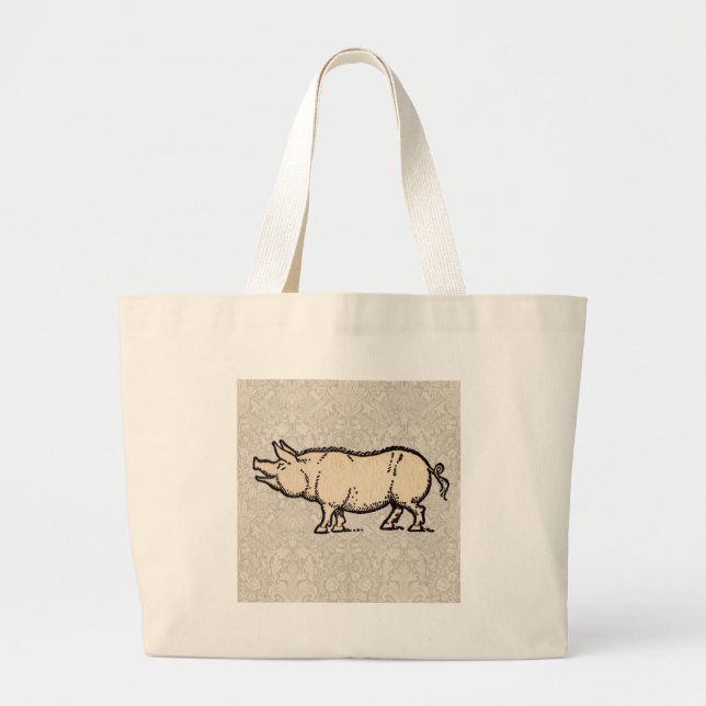 Pig Antique Piggy Cute Vintage Illustration Large Tote Bag (Front)