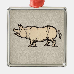 Pig Antique Piggy Cute Vintage Illustration Metal Ornament