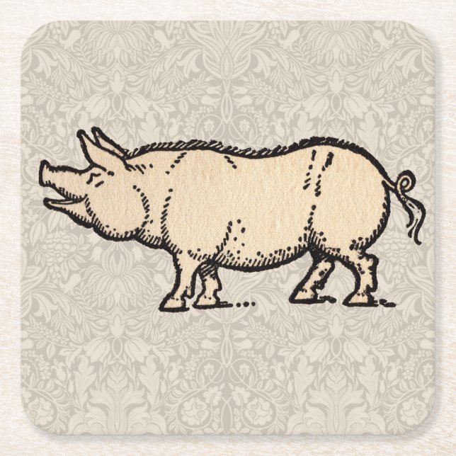 Pig Antique Piggy Cute Vintage Illustration Square Paper Coaster (Front)