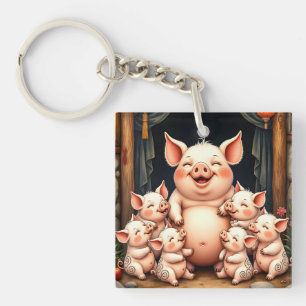  Pig Art – Mother & Piglets Keychain