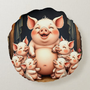 Pig Art – Mother & Piglets Round Pillow