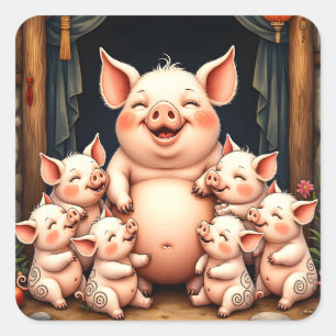  Pig Art – Mother & Piglets Square Sticker
