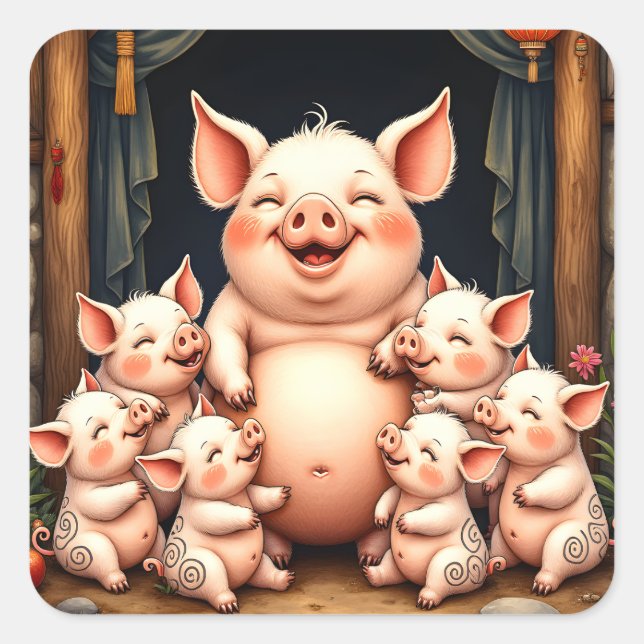  Pig Art – Mother & Piglets Square Sticker (Front)