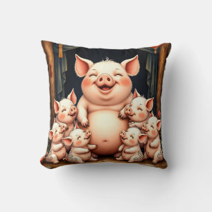 Pig Art – Mother & Piglets Throw Pillow