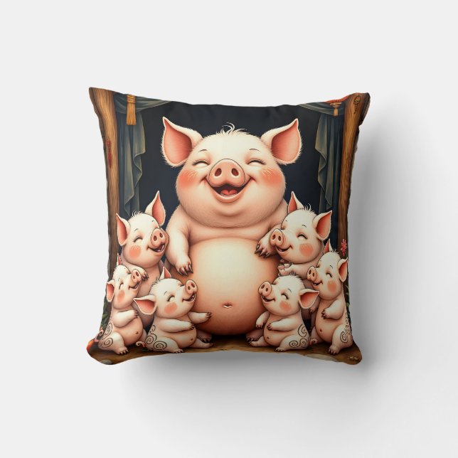  Pig Art – Mother & Piglets Throw Pillow (Front)