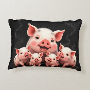 Pig Artwork – Mother Pig & Piglets Accent Pillow