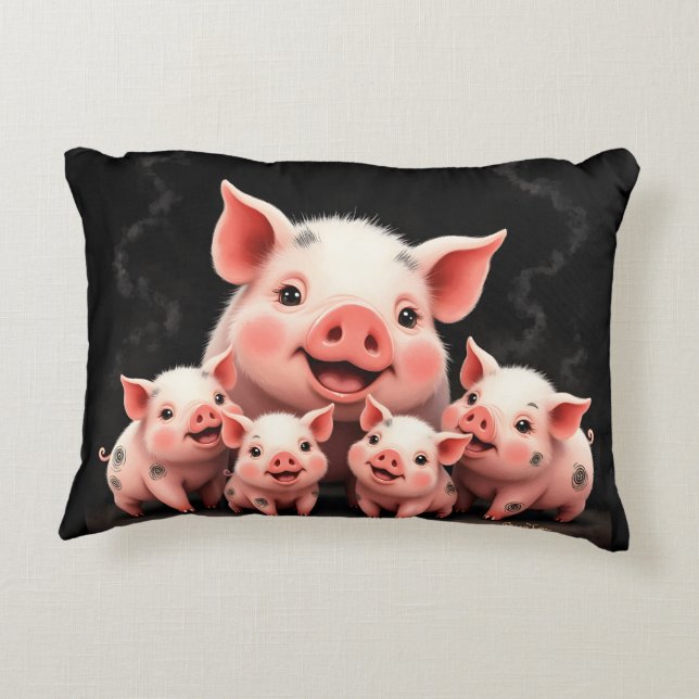 Pig Artwork – Mother Pig & Piglets Accent Pillow (Back)