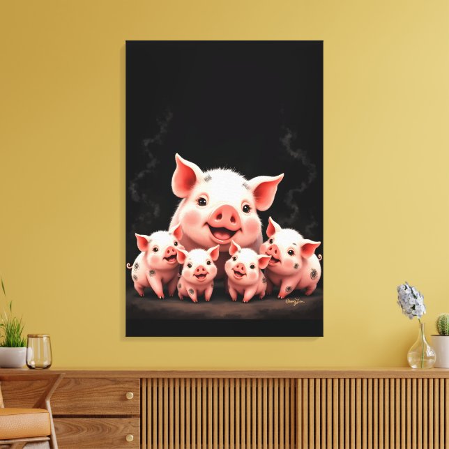 Pig Artwork – Mother Pig & Piglets Canvas Print (Insitu(LivingRoom))