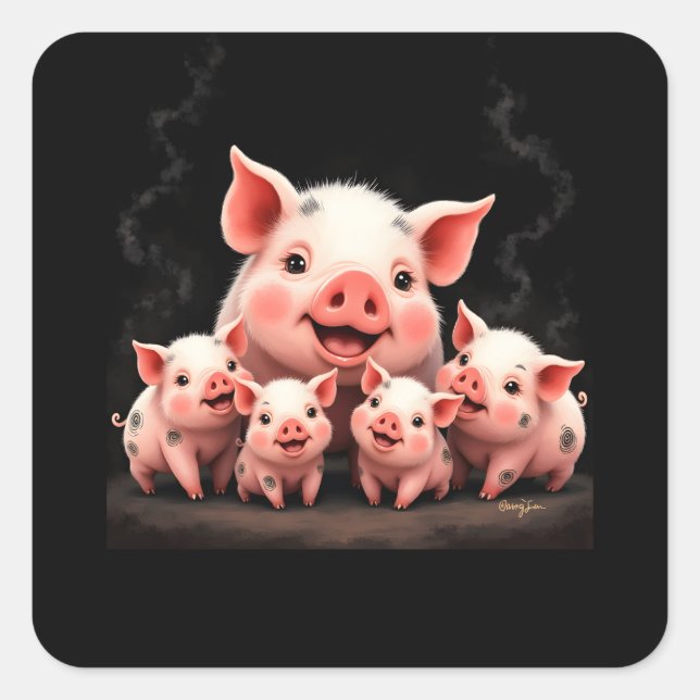 Pig Artwork – Mother Pig & Piglets Square Sticker (Front)