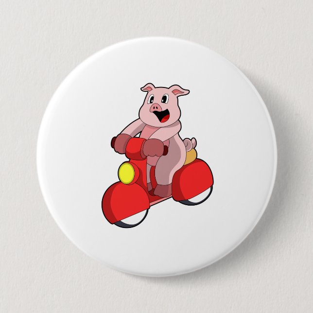 Pig as Biker with Scooter 3 Inch Round Button (Front)