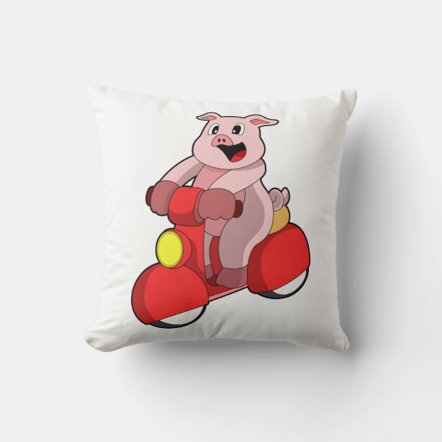 Pig as Biker with Scooter Throw Pillow (Front)