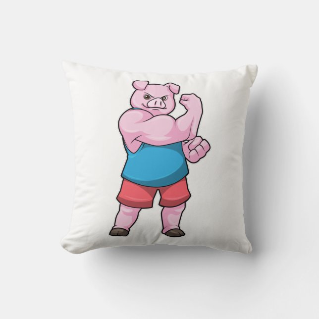 Pig as Bodybuilder with big Upper arm Throw Pillow (Front)