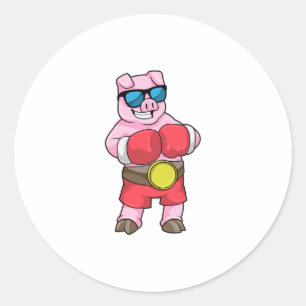 Pig as Boxer with Boxing gloves Classic Round Sticker