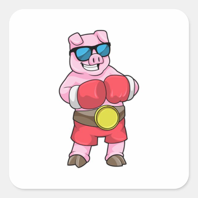 Pig as Boxer with Boxing gloves Square Sticker (Front)