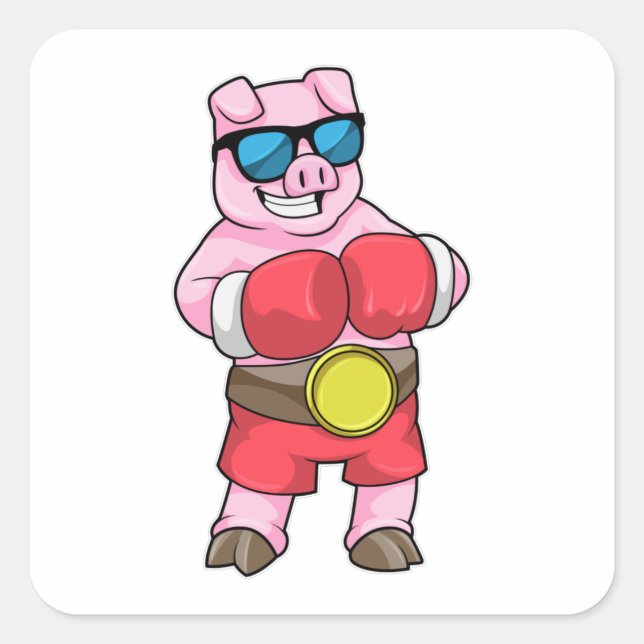 Pig as Boxer with Boxing gloves Square Sticker (Front)