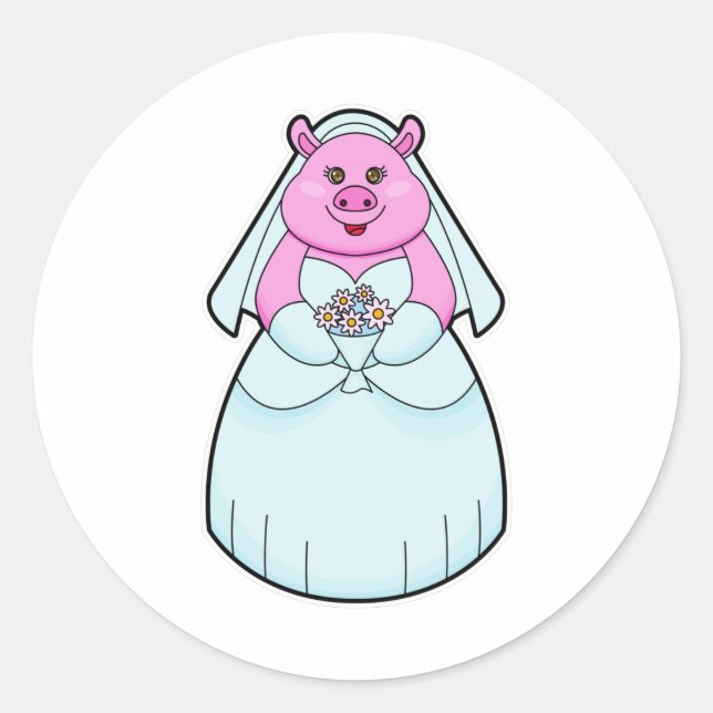 Pig as Bride with Veil Classic Round Sticker (Front)