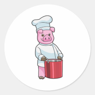 Pig as Cook with Cooking pot Classic Round Sticker