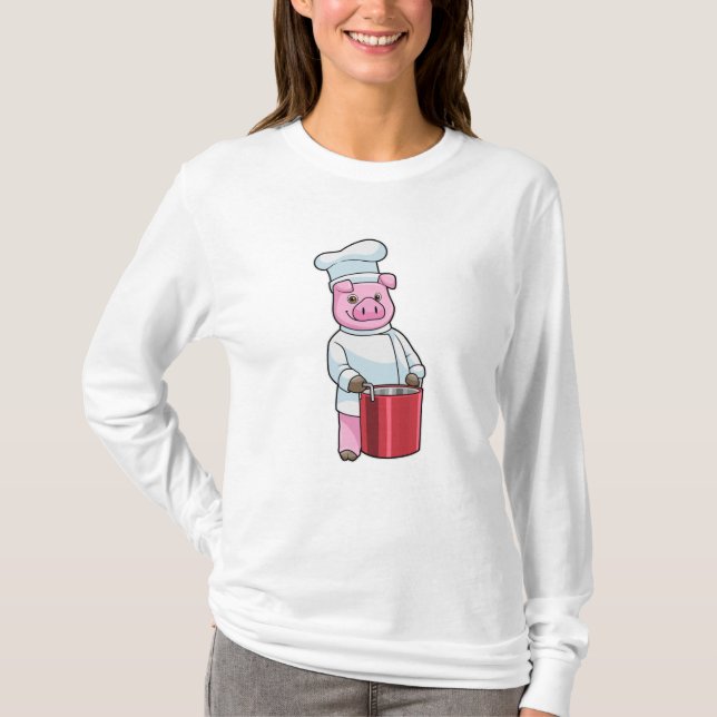 Pig as Cook with Cooking pot T-Shirt (Front)